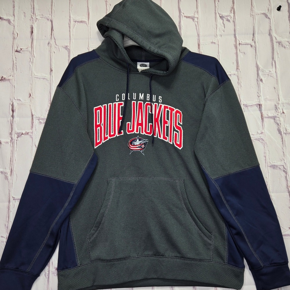 Columbus Blue Jackets NHL Hoodie Grey Navy Embroidered Pullover Mens Large